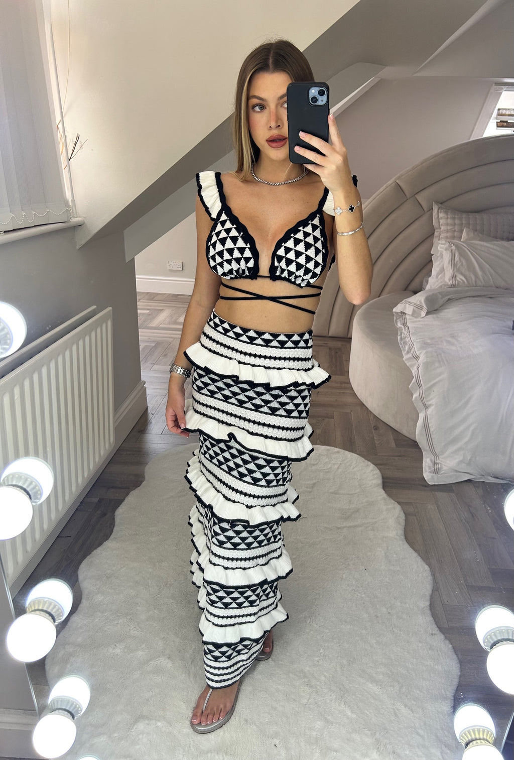 KNIT Black & White Knitted Two Piece MIDI Skirt & Bralet. image 0