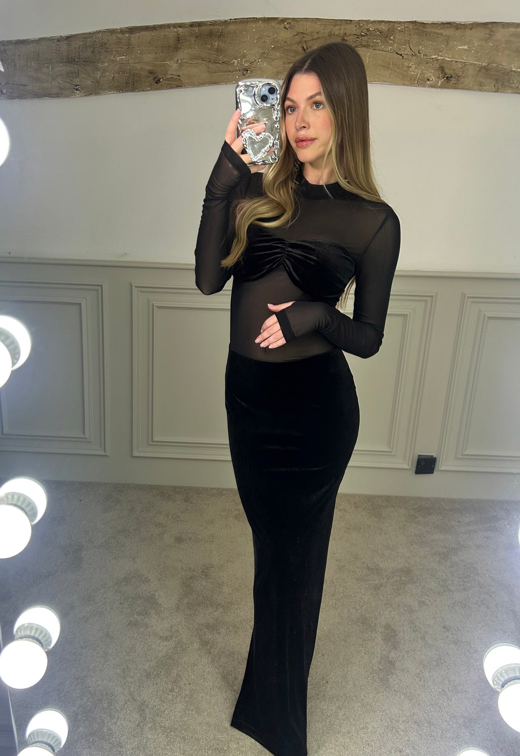 Black Velvet Long Dress with Mesh Body image 7
