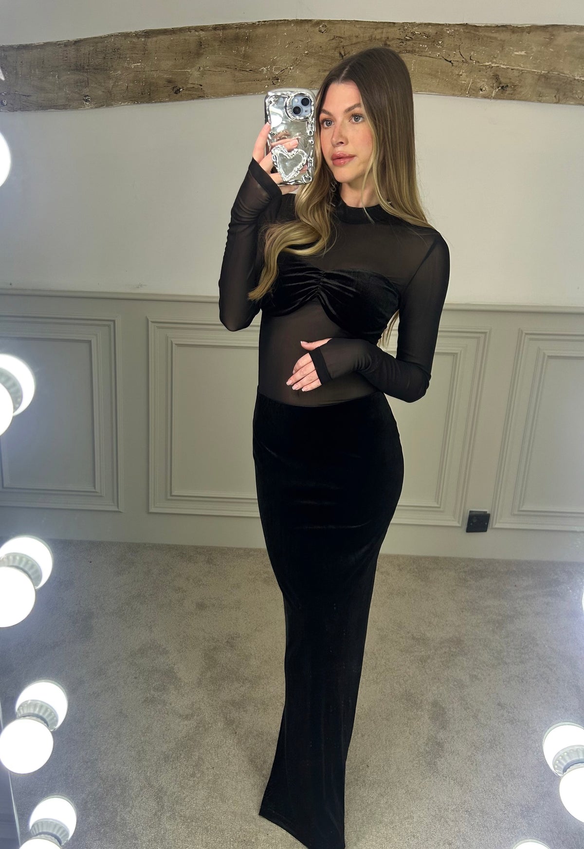 Black Velvet Long Dress with Mesh Body image 7