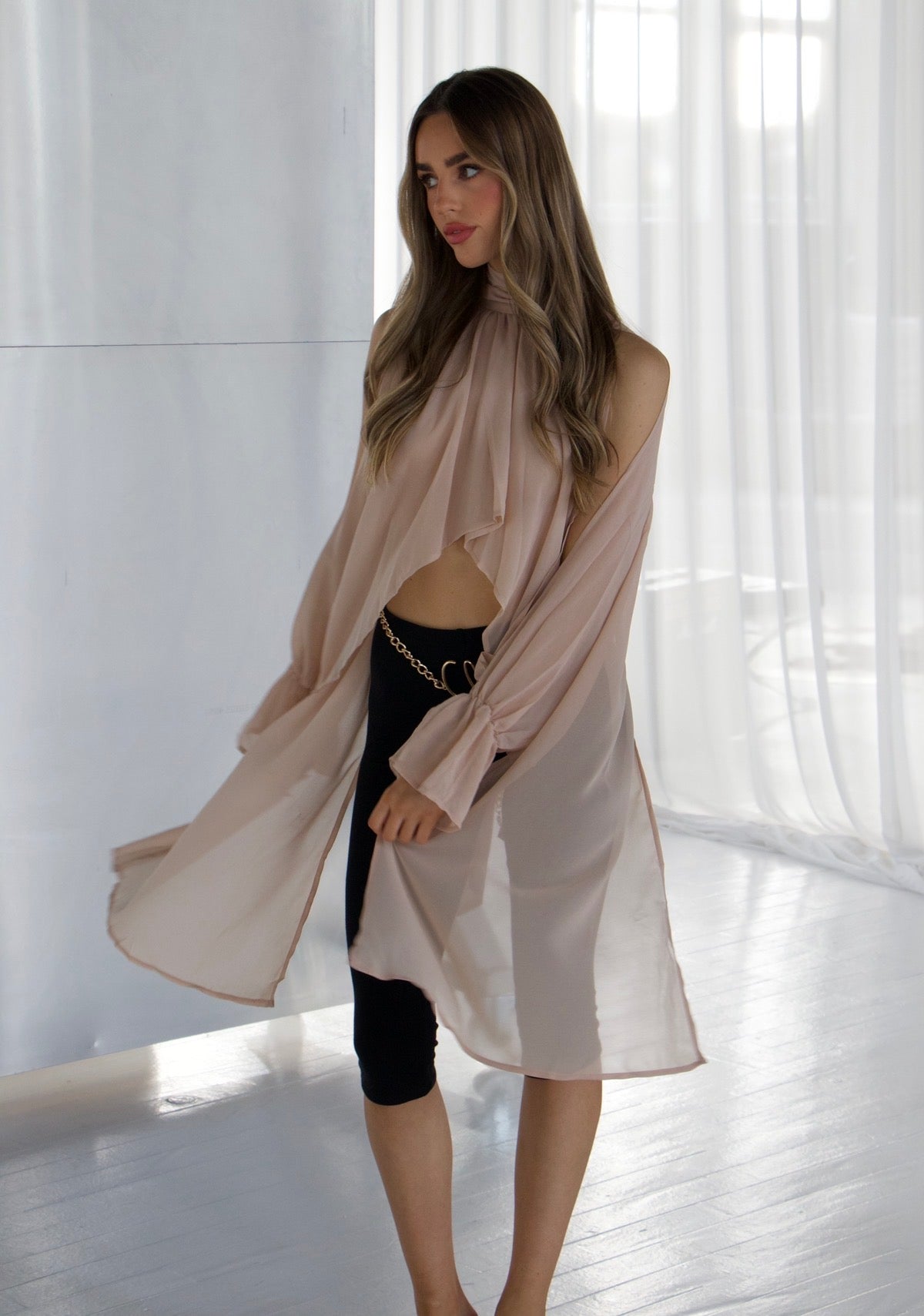 CHLO Beige High Neck Draped Blouse