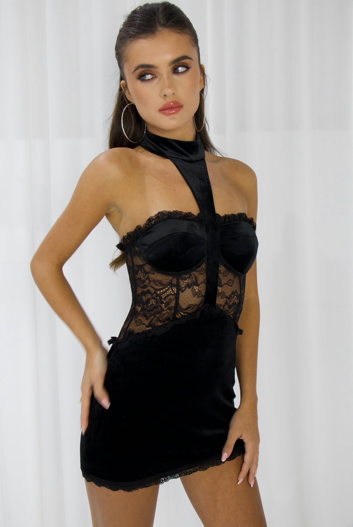 Black Velvet & Lace Dress with Neck Tie