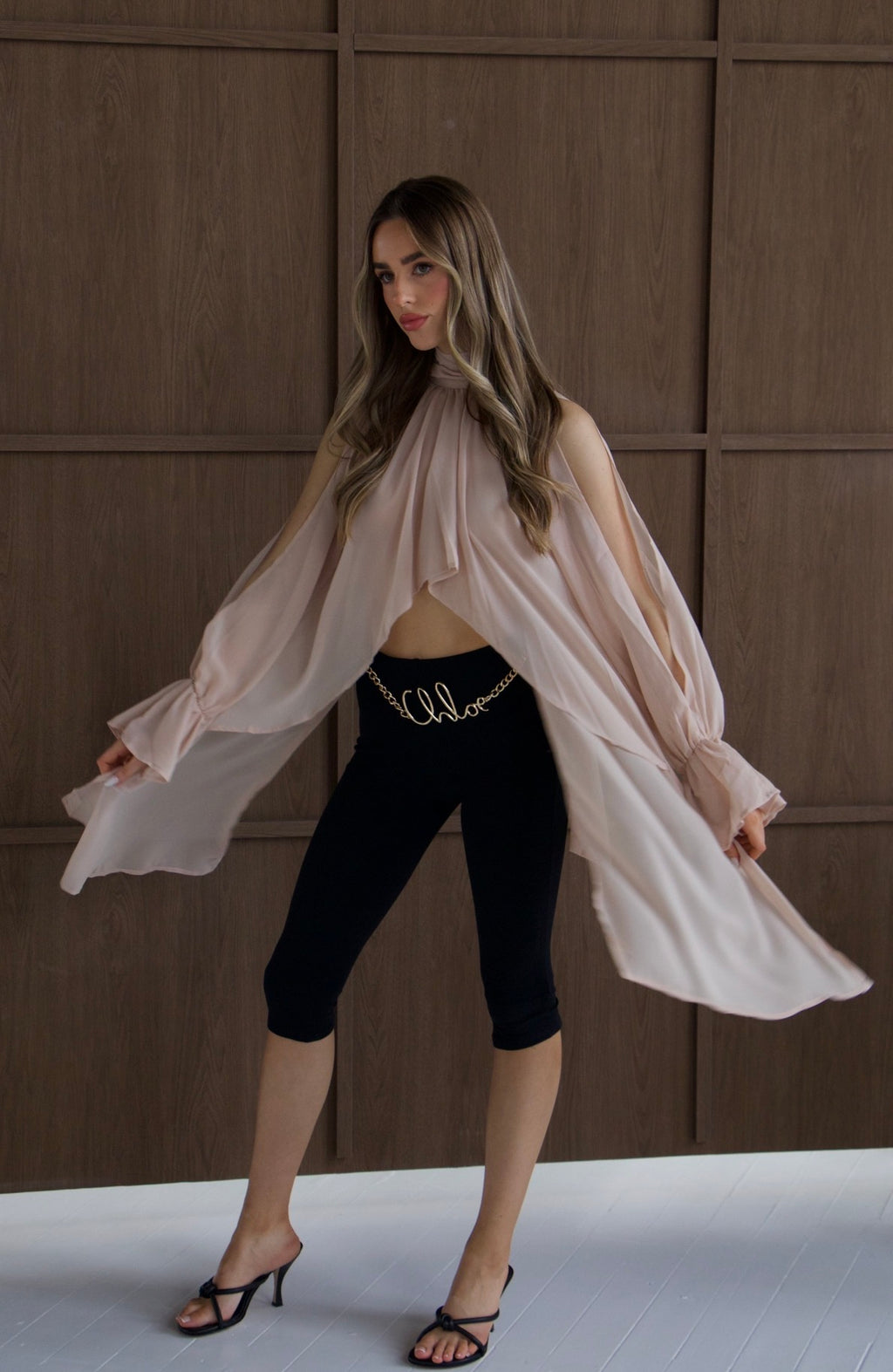 CHLO Beige High Neck Draped Blouse