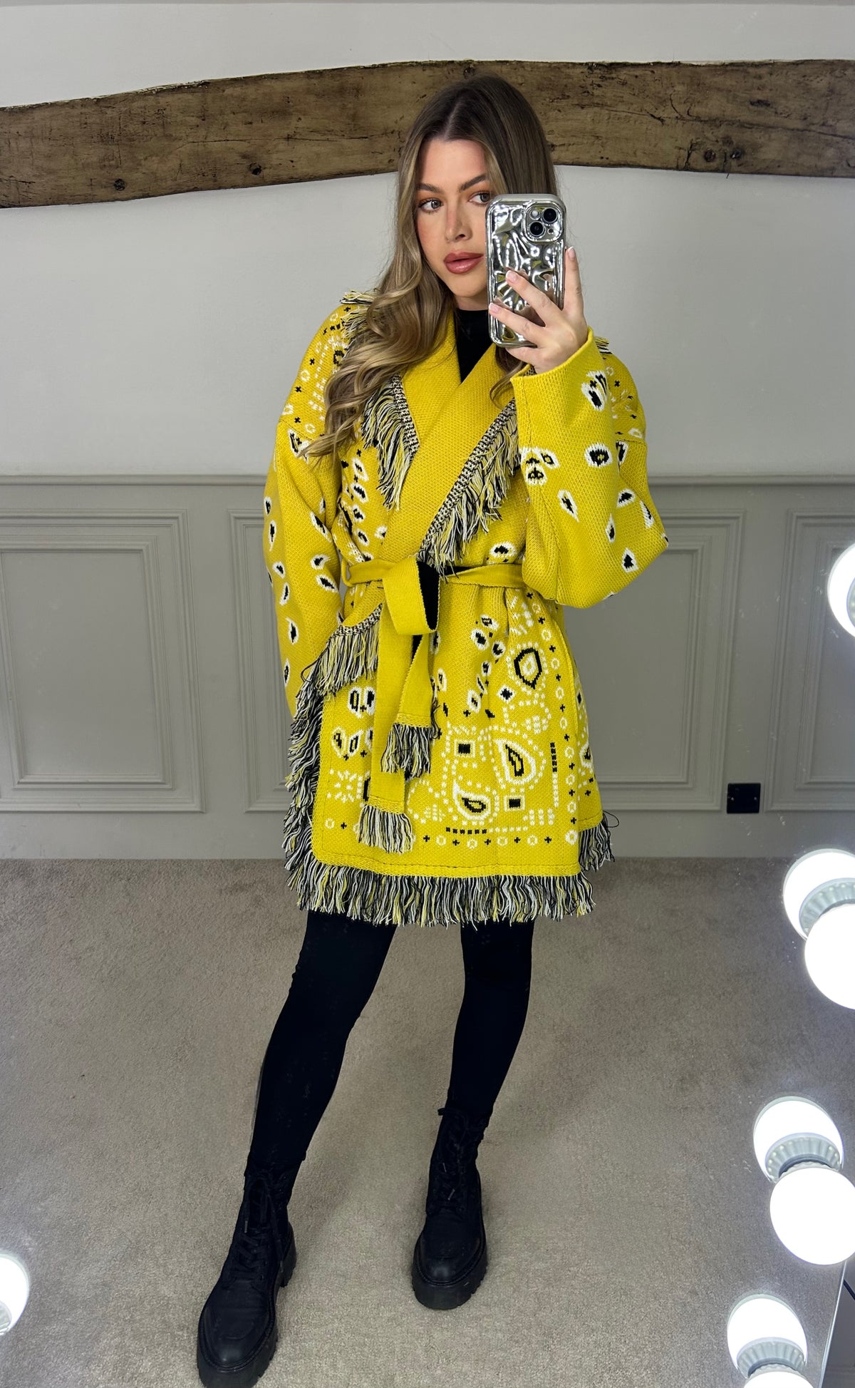 BANDANA Mustard Wool Blend Cardigan with Fringe & Belt