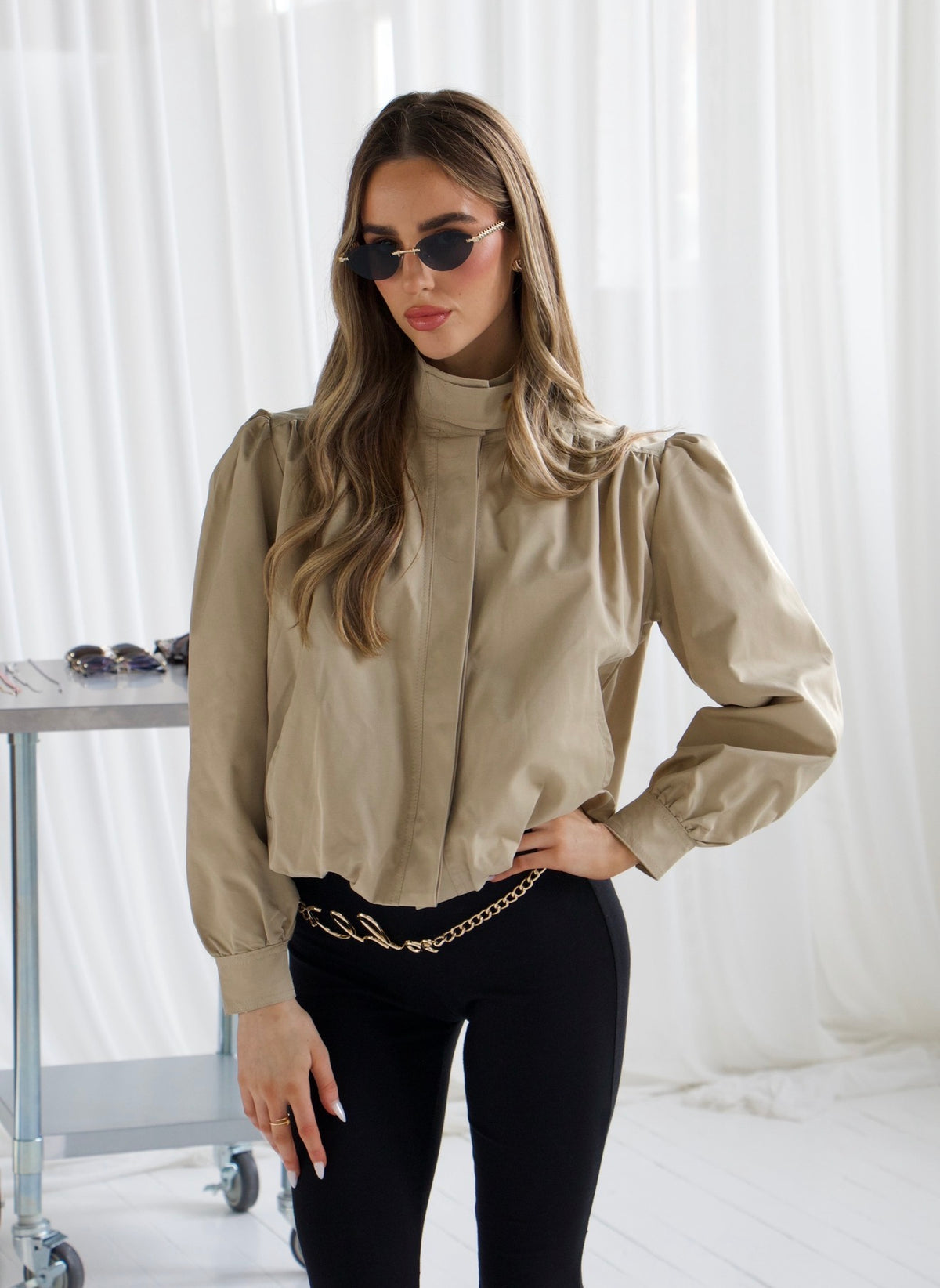 CHLOE Beige Button Up High Collar Jacket