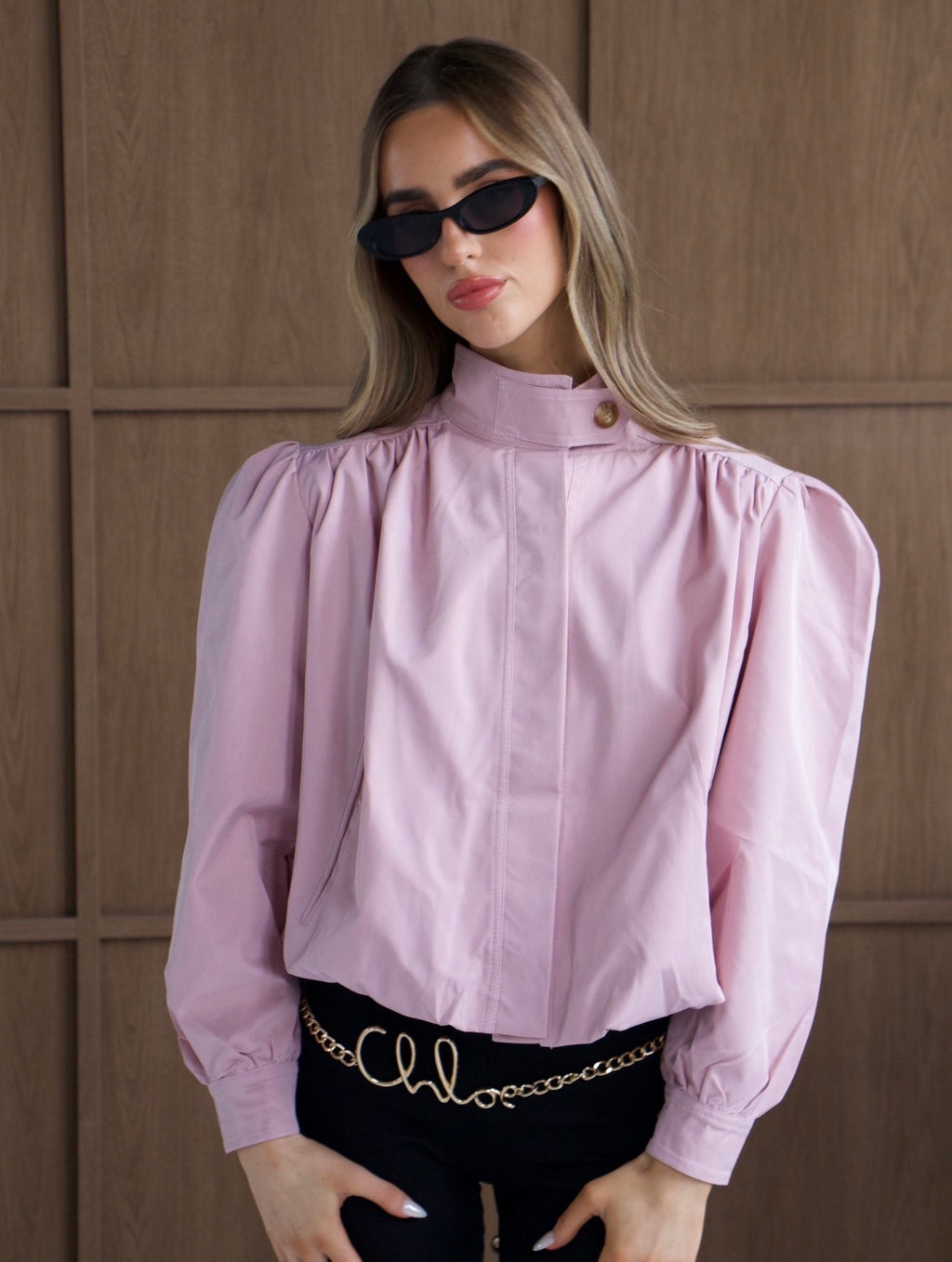 CHLOE Pink Button Up High Collar Jacket