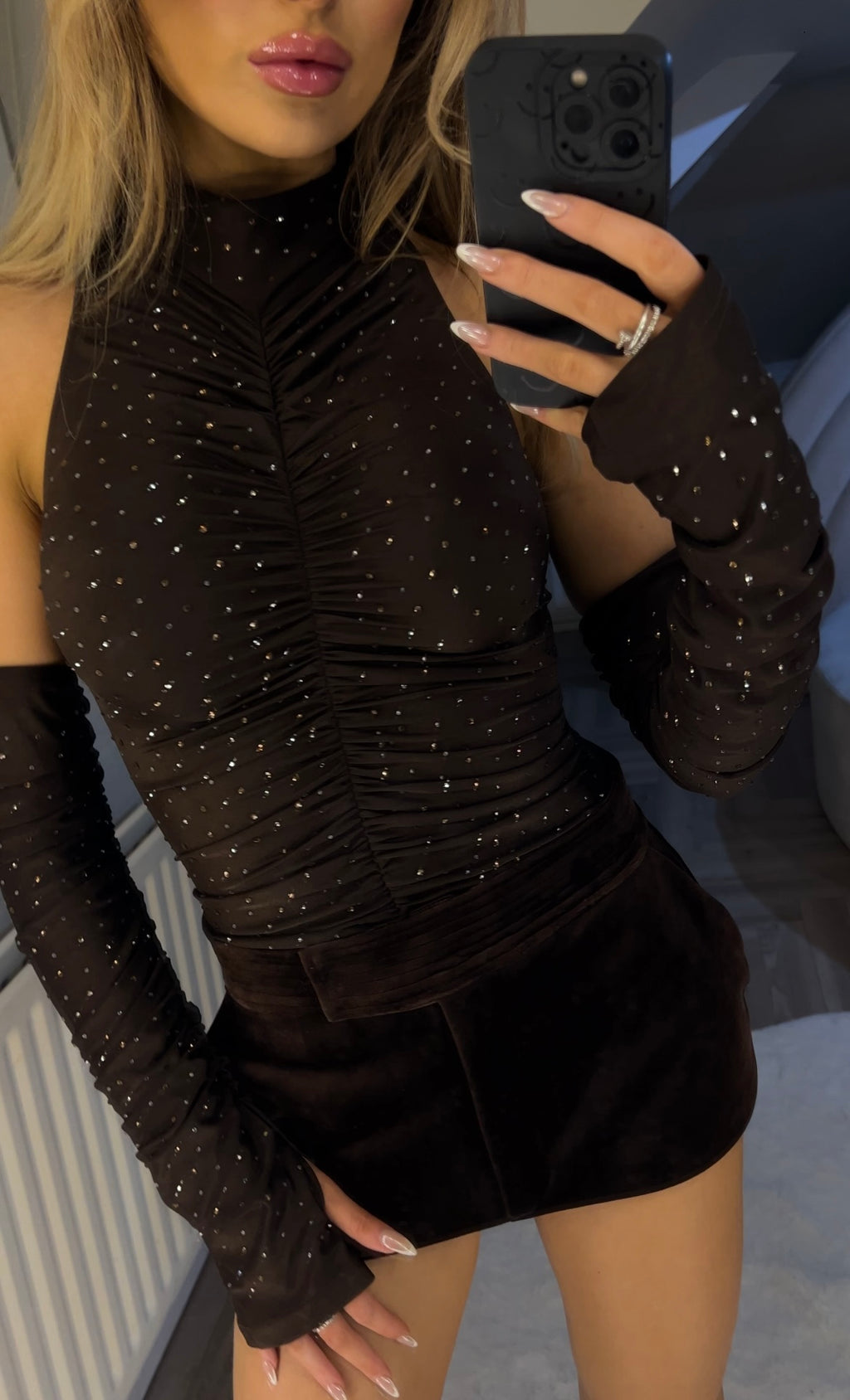 PERRY Brown Diamonte Halter Neck Body Suit with Matching Sleeves image 0
