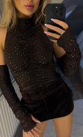PERRY Brown Diamonte Halter Neck Body Suit with Matching Sleeves image 0