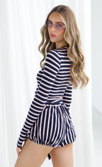 Navy & Pink Striped Long Sleeve Puff Shorts Set