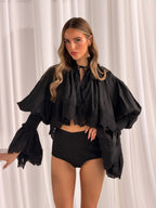 ZIM Black High Neck Asymmetric Lace Trim Cotton Blouse - LIMITED