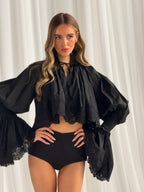 ZIM Black High Neck Asymmetric Lace Trim Cotton Blouse - LIMITED