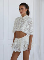Cream Two Piece Lace Skirt & Matching Cropped Jacket