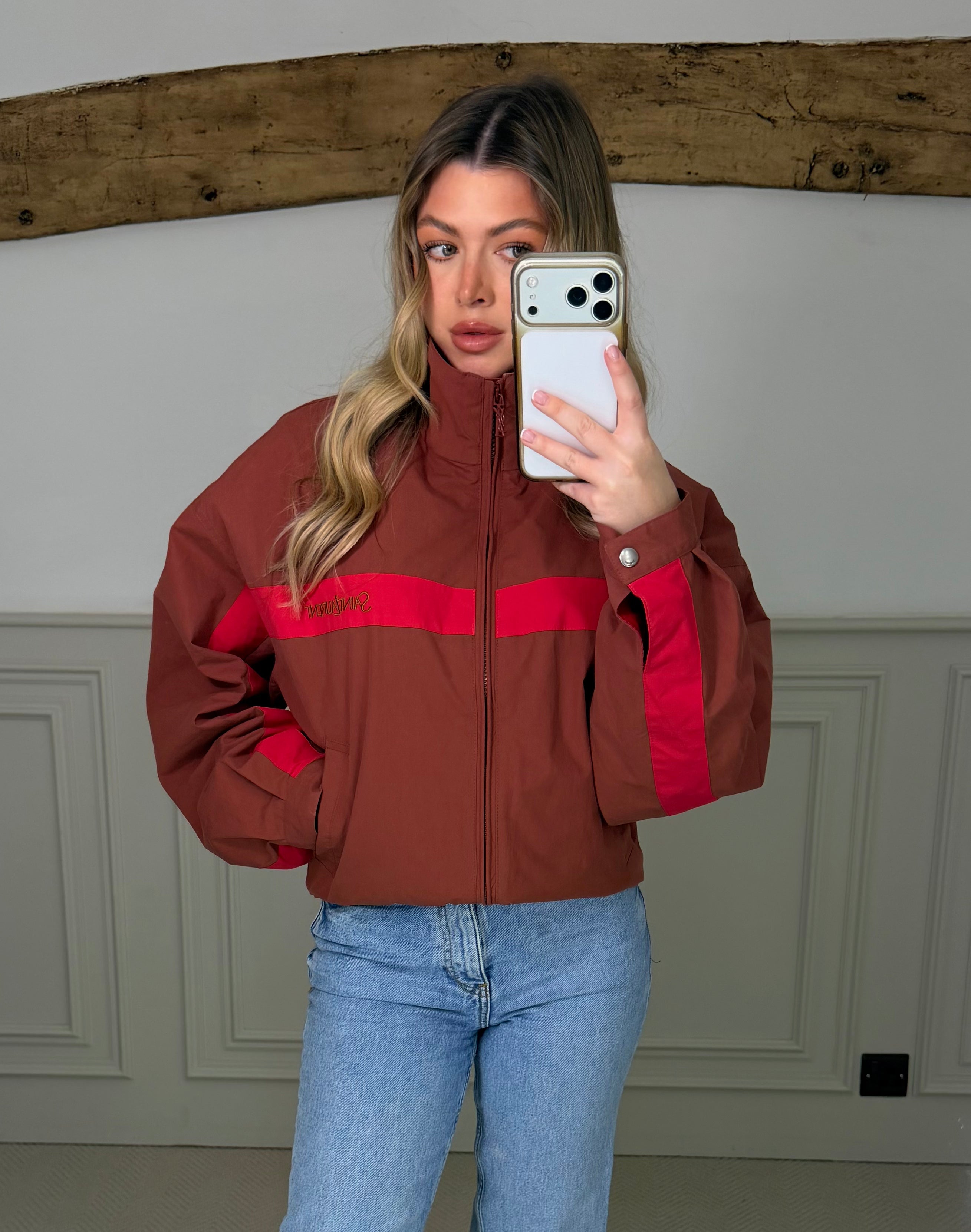 Canvas Cognac & Crimson Zip Up Track Jacket - LIMITED