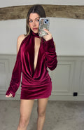 Burgundy Cowl Neck Long Sleeve Velvet Dress image 0