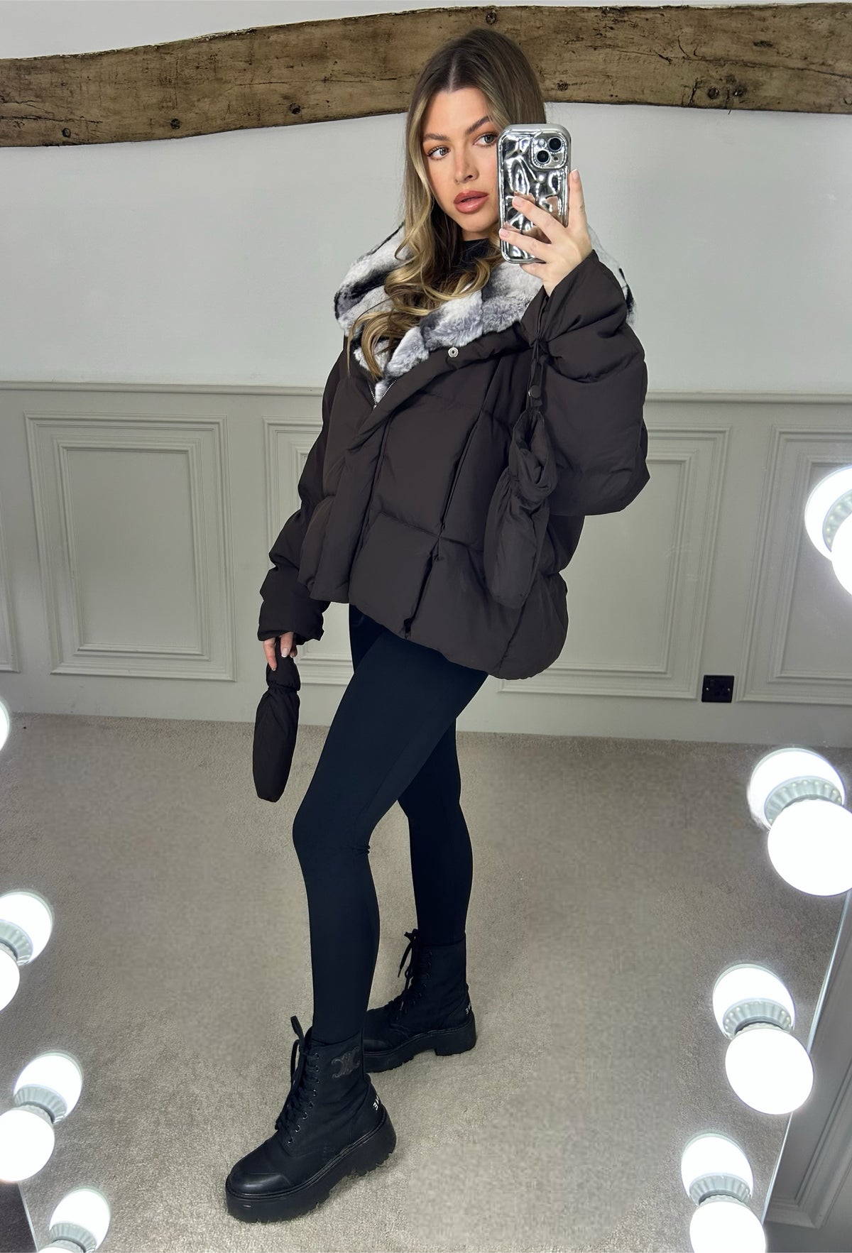 Brown Puffer Coat & Gloves with Rabbit Fur Hood - LIMITED image 3