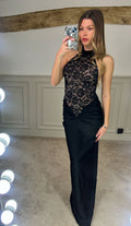 Halterneck Mesh Insert Long Black Dress  image 0