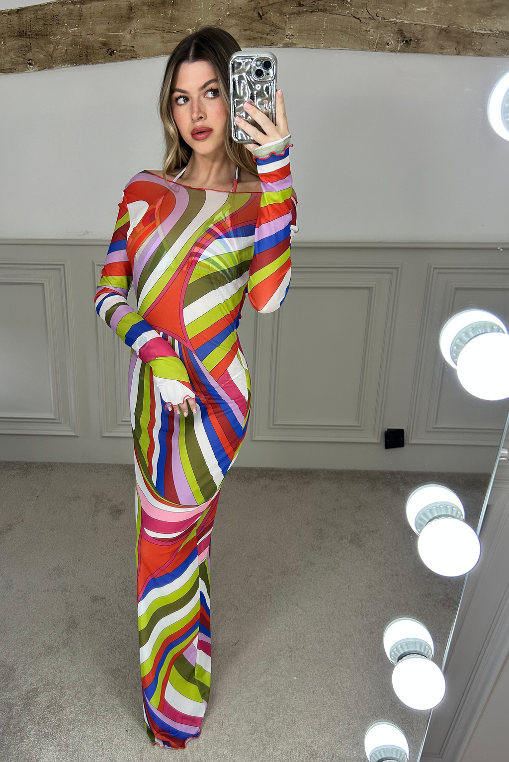 EMILIO Multi Colour Lime Iride Mesh Long Sleeve Dress image 6