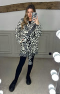 Leopard Black & White Wool Blend Cardigan with Fringe & Belt image 0