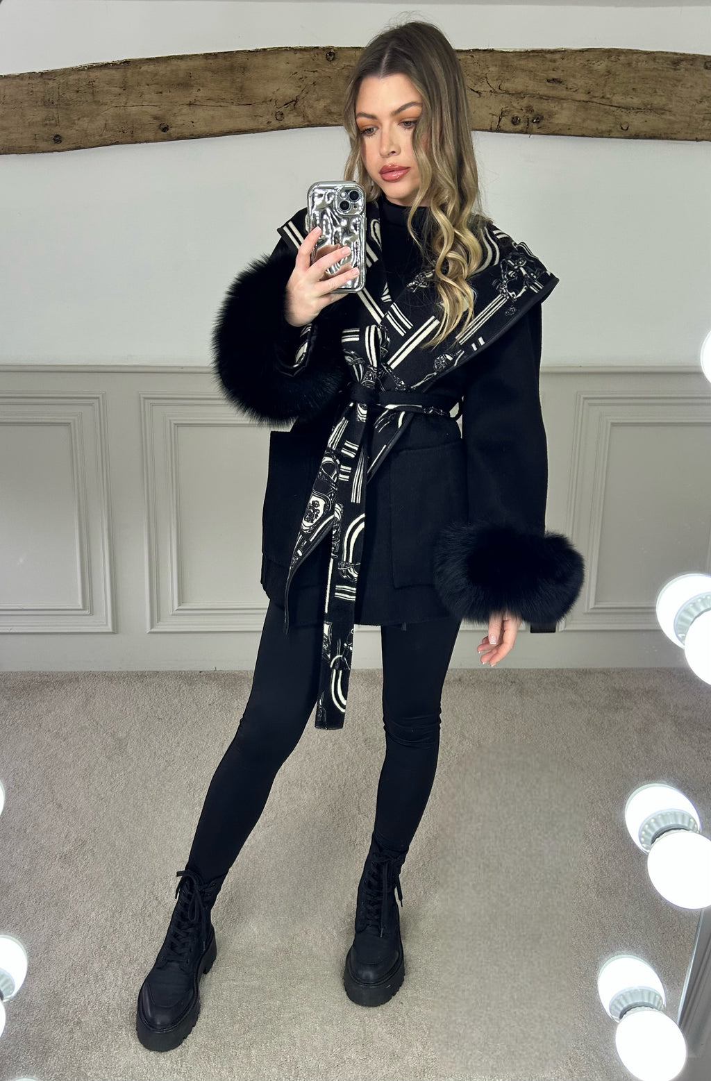 H Black & White Chain Wrap Over Jacket with Leather Trimmed Hood - LIMITED image 2
