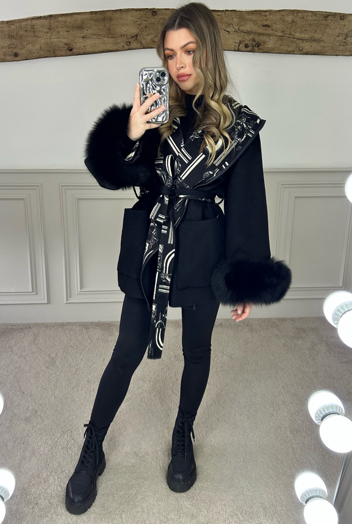 H Black & White Chain Wrap Over Jacket with Leather Trimmed Hood - LIMITED image 3