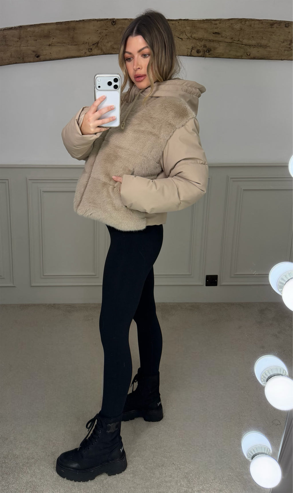 BEIGE Faux Fur Gilet Coat with Hood  image 2
