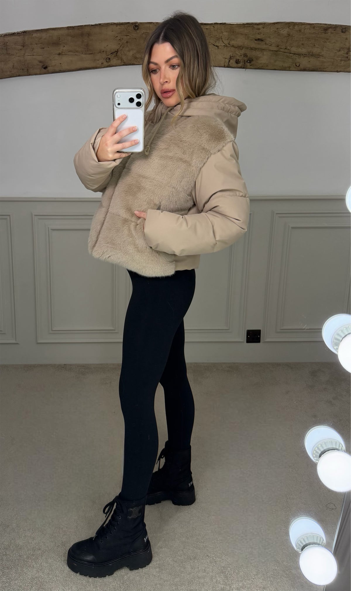 BEIGE Faux Fur Gilet Coat with Hood  image 2