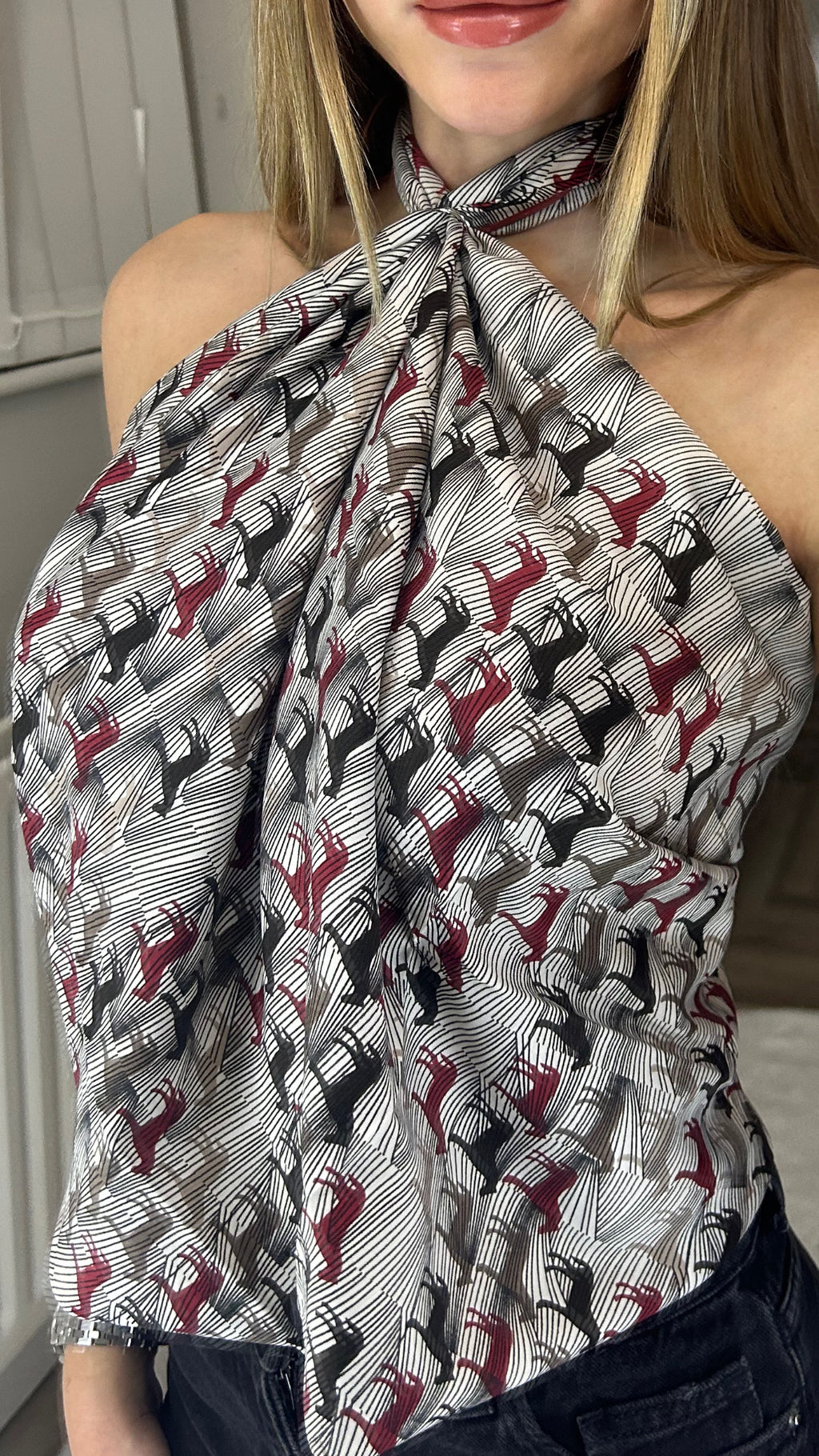 H Burgundy & Grey 90cm Mini Horse Scarf Top image 0