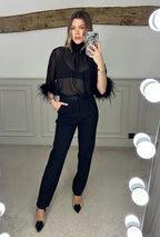Black Satin Trimmed Fitted Trousers  image 3