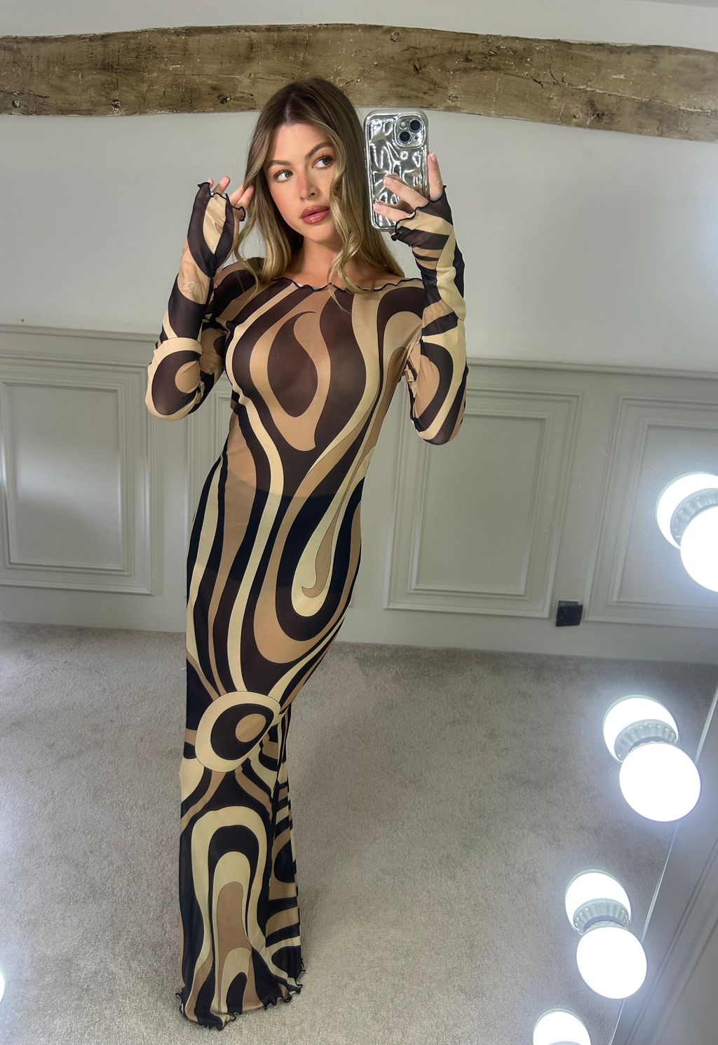 EMILIO Coffee Long Sleeve Mesh Dress image 0