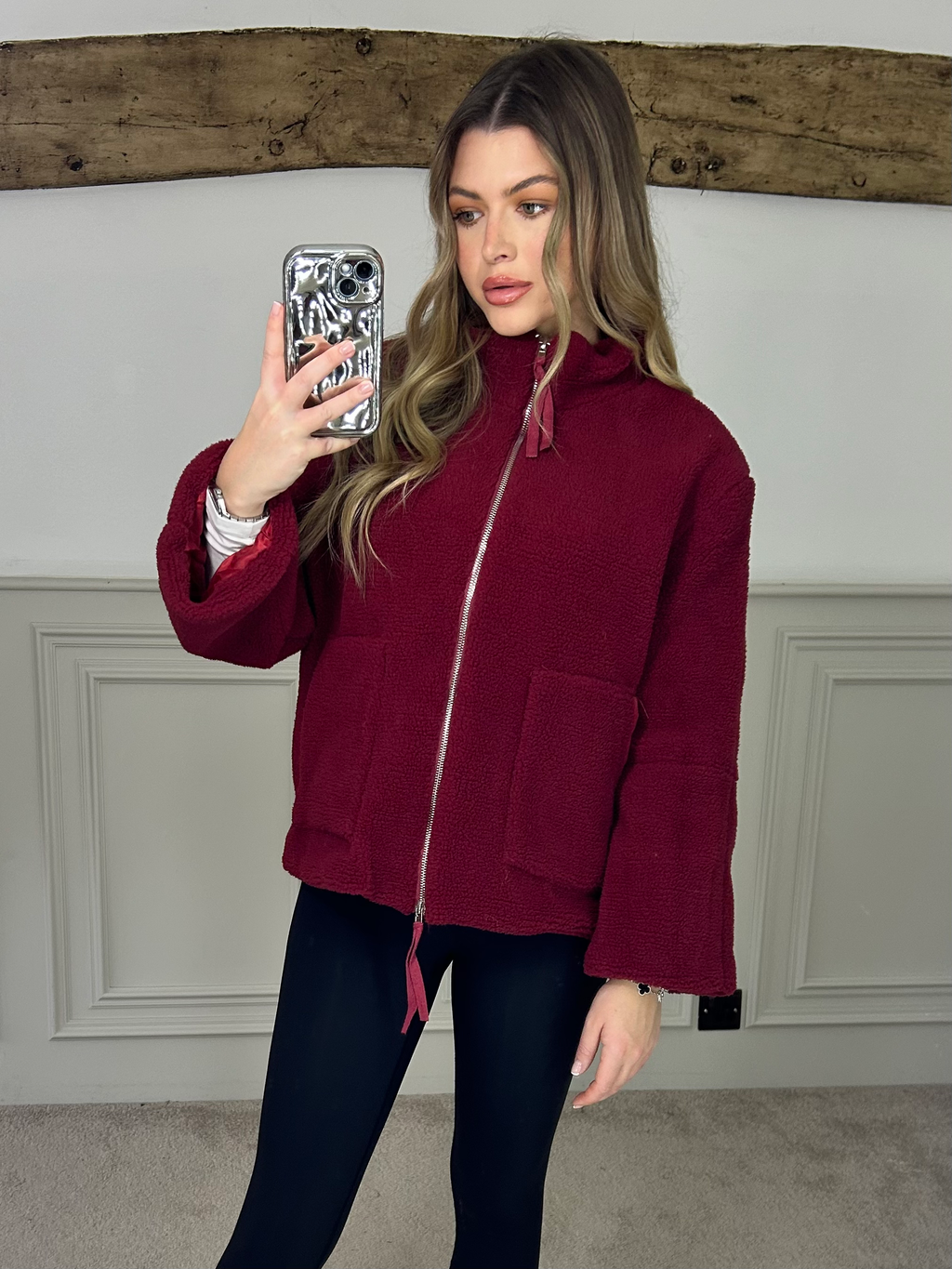 Bouclé Burgundy Zip Up Jacket with Pockets  image 1
