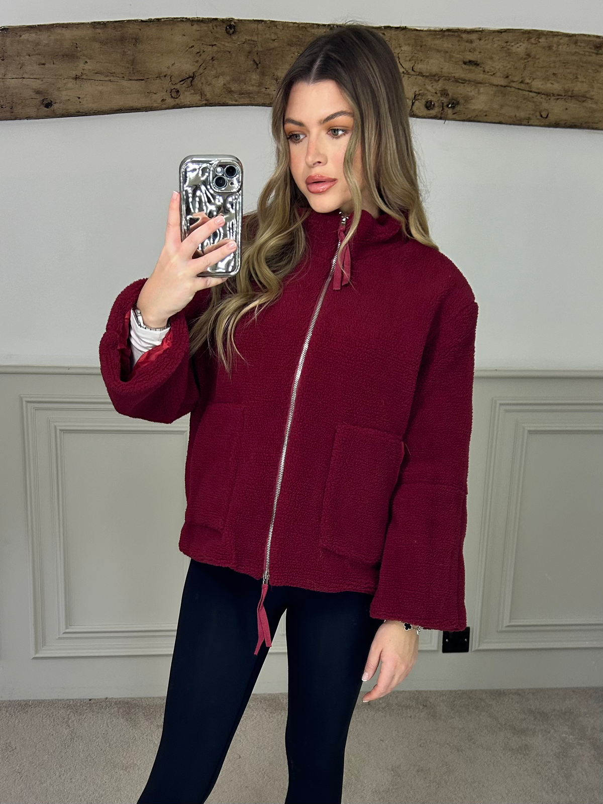 Bouclé Burgundy Zip Up Jacket with Pockets  image 1