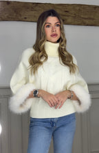 Polar Neck Cream Knitted Poncho Jumper with Faux Fur Cuffs  image 0