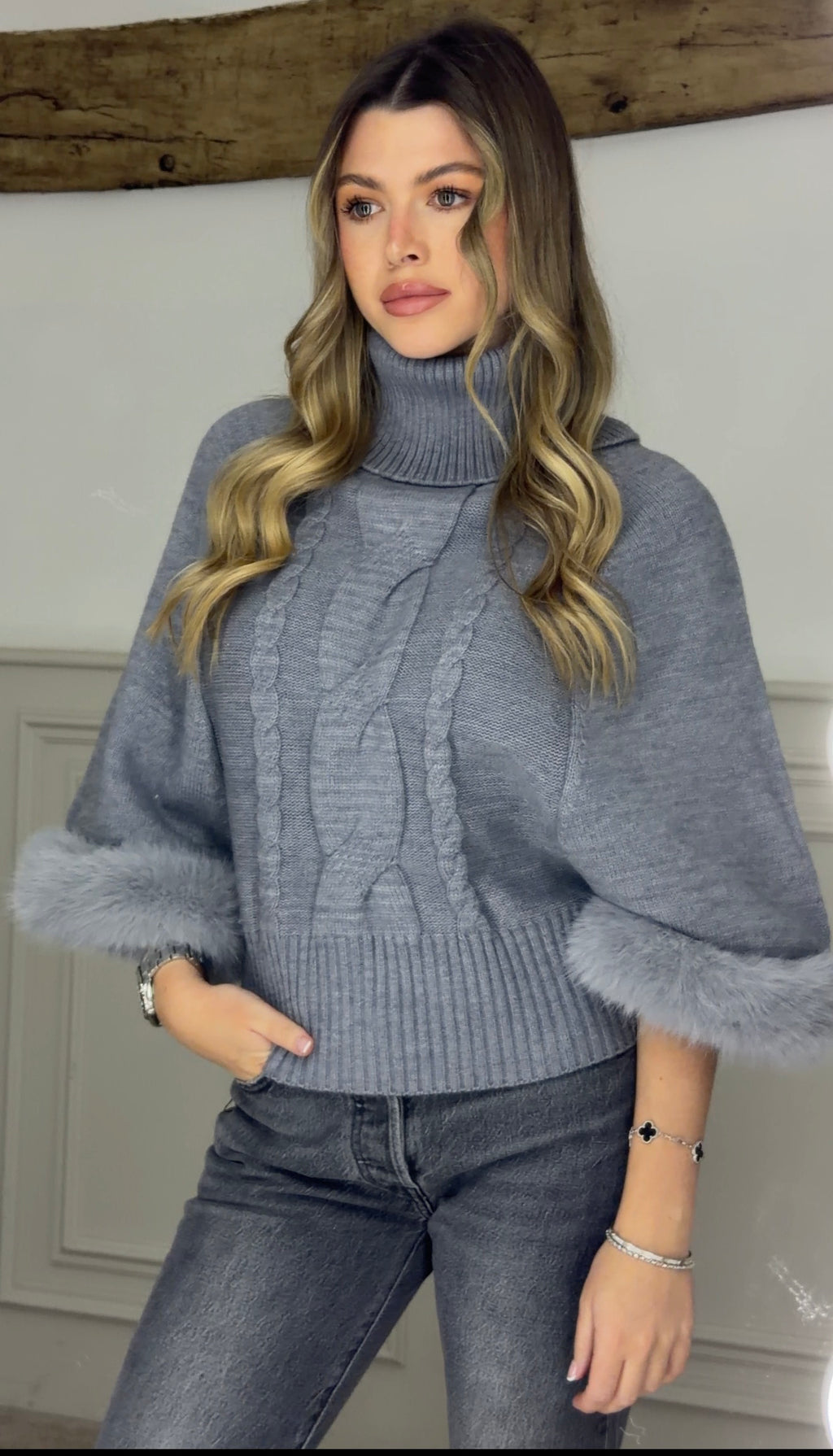 Polar Neck Grey Knitted Poncho Jumper with Faux Fur Cuffs  image 0