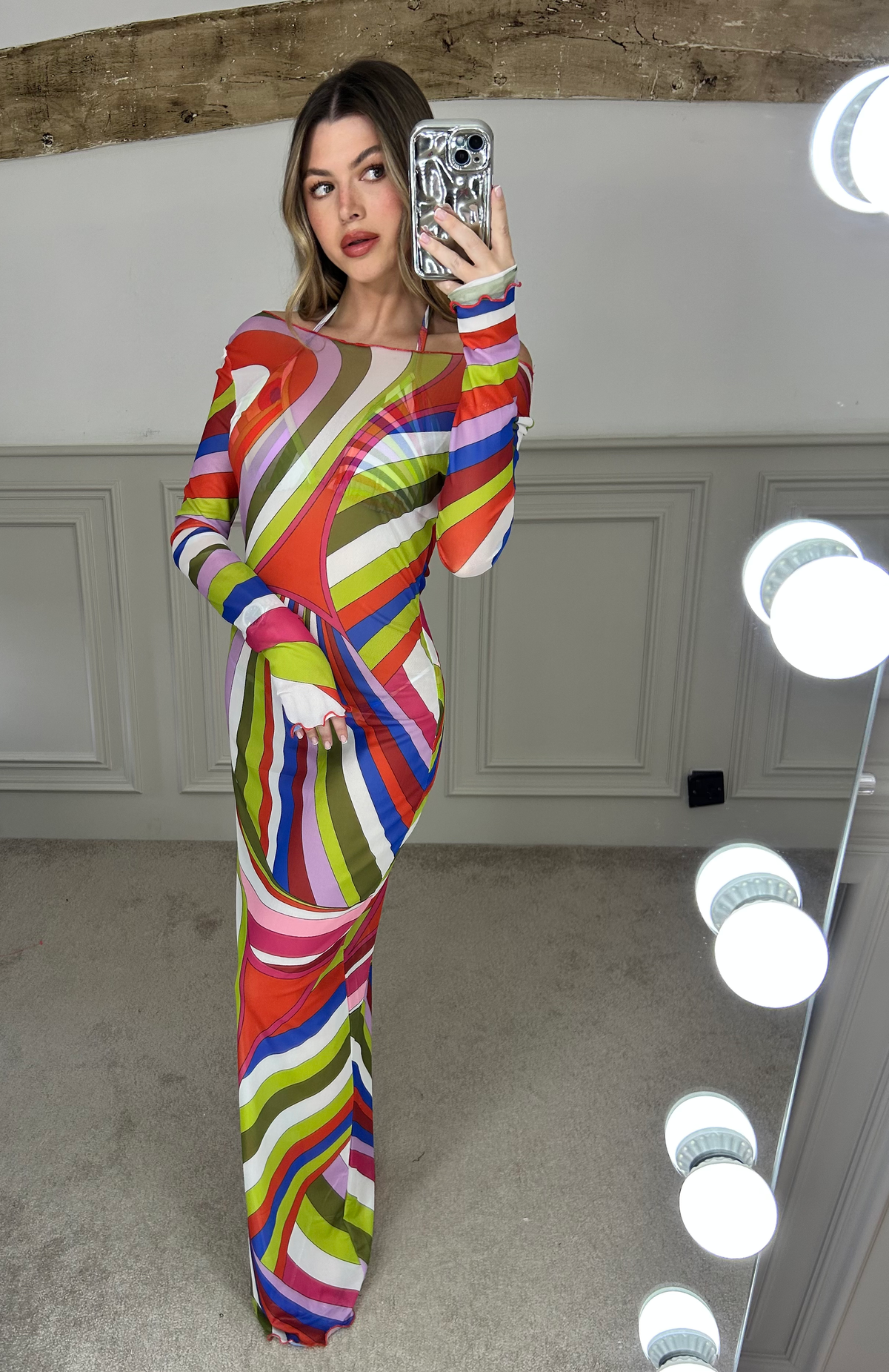 EMILIO Multi Colour Lime Iride Mesh Long Sleeve Dress image 2
