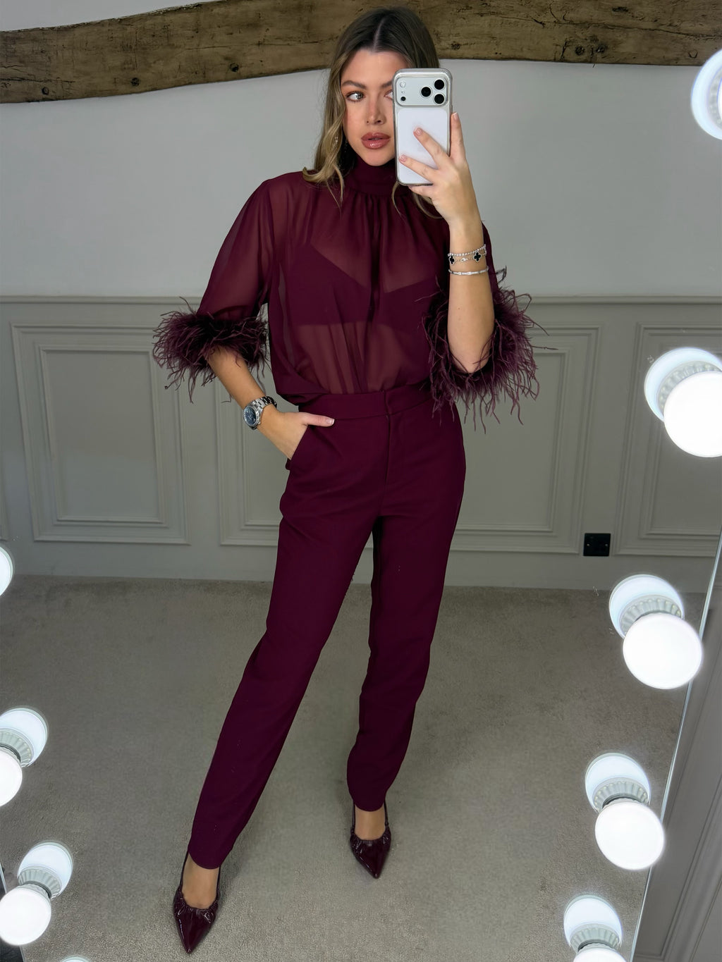 Burgundy Suit Trousers Trimmed Fitted Trousers  image 1