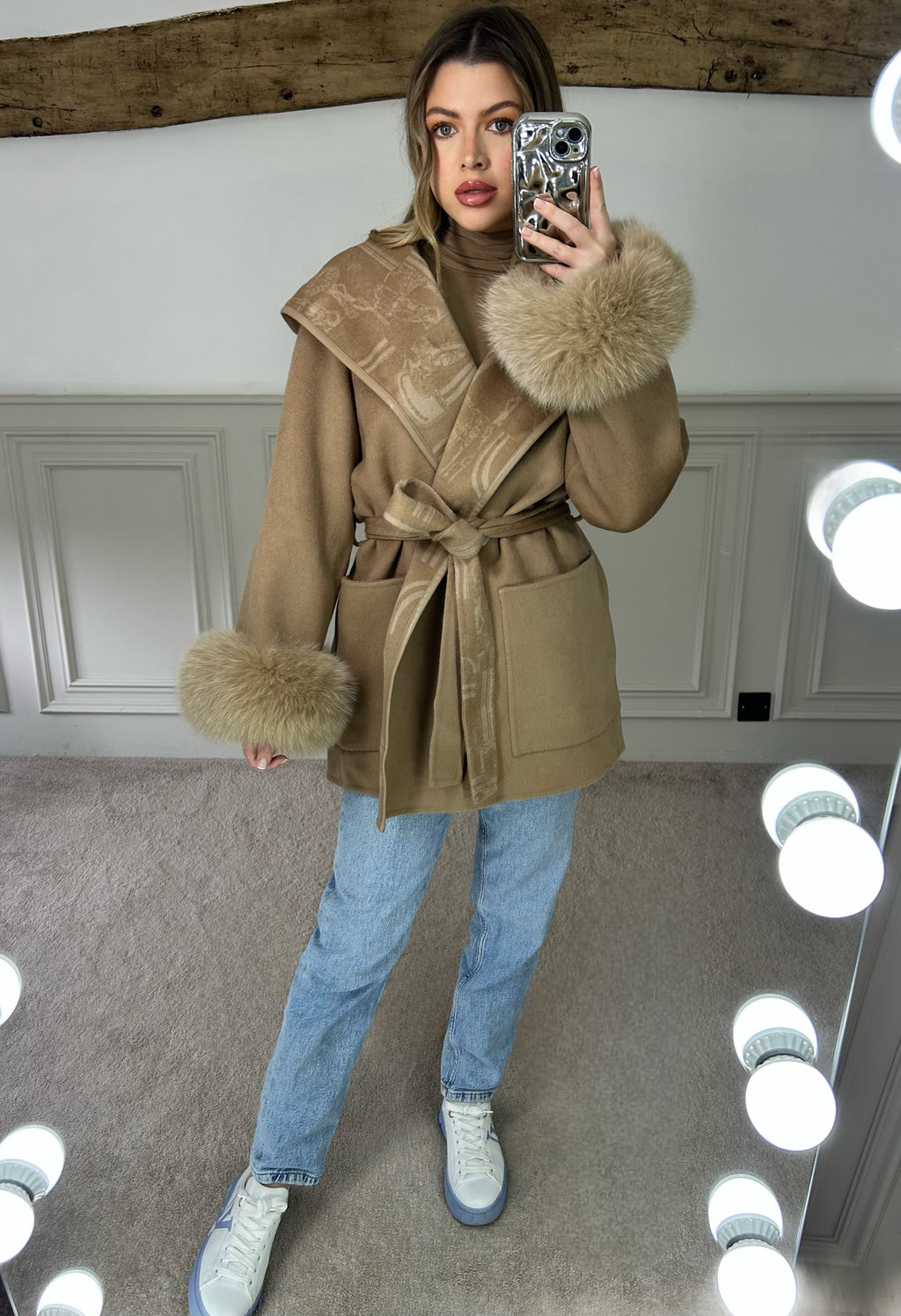 H Camel Chain Wrap Over Jacket with Leather Trimmed Hood - LIMITED image 4