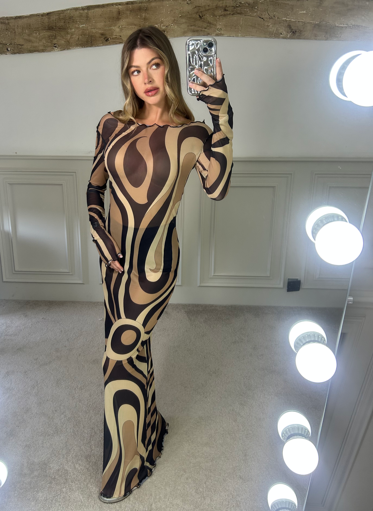 EMILIO Coffee Long Sleeve Mesh Dress image 1