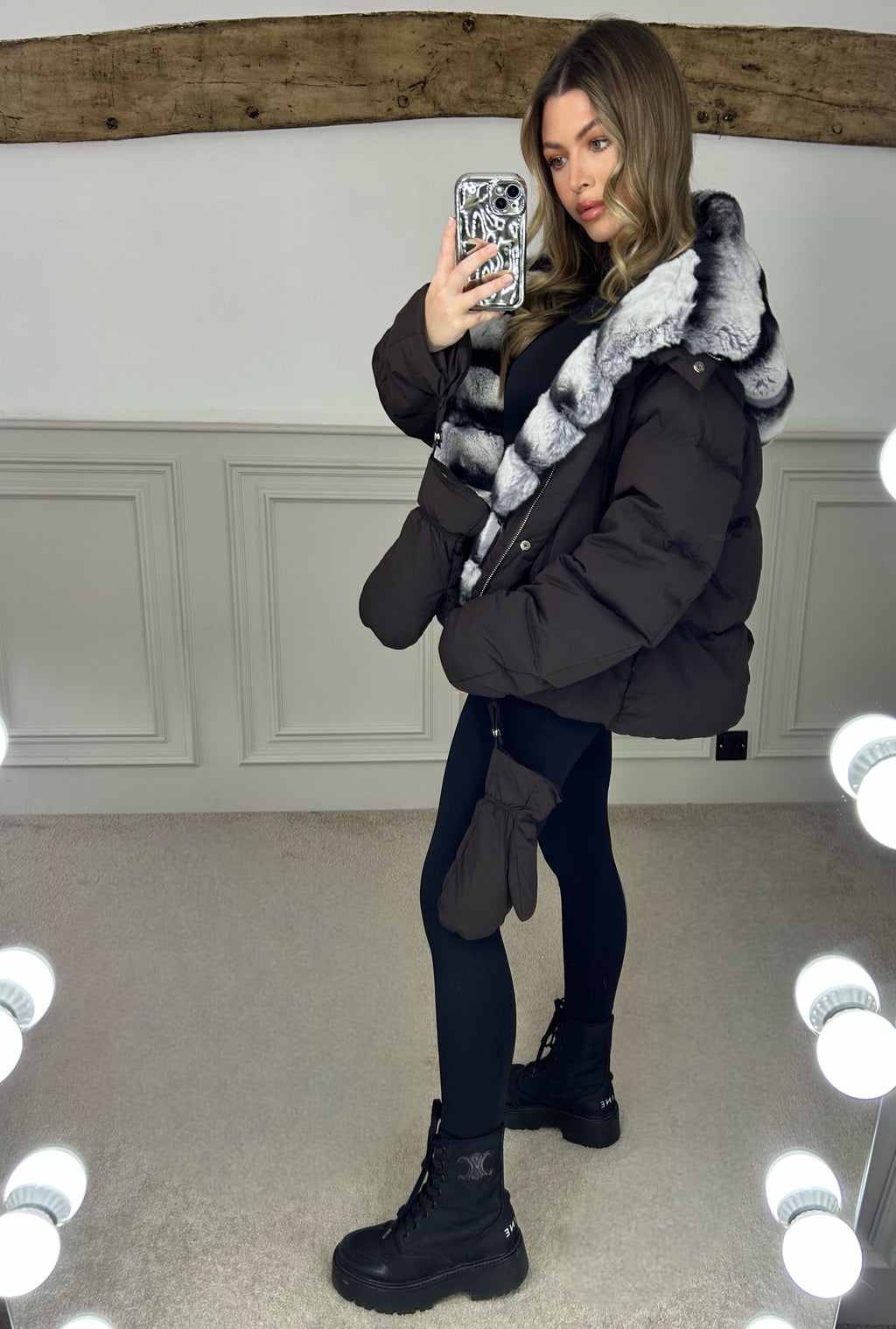 Brown Puffer Coat & Gloves with Rabbit Fur Hood - LIMITED image 5