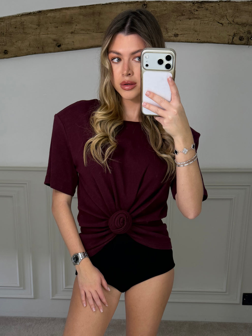 MAGDA Burgundy Ribbed Knot Top with Shoulder Pads - LIMITED image 2