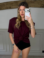 MAGDA Burgundy Ribbed Knot Top with Shoulder Pads - LIMITED image 2