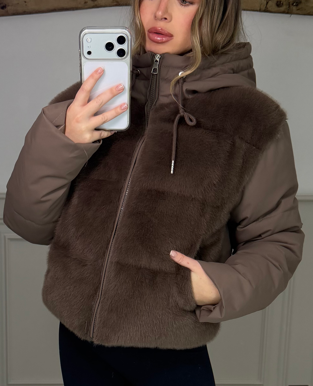 BROWN Faux Fur Gilet Coat with Hood  image 1
