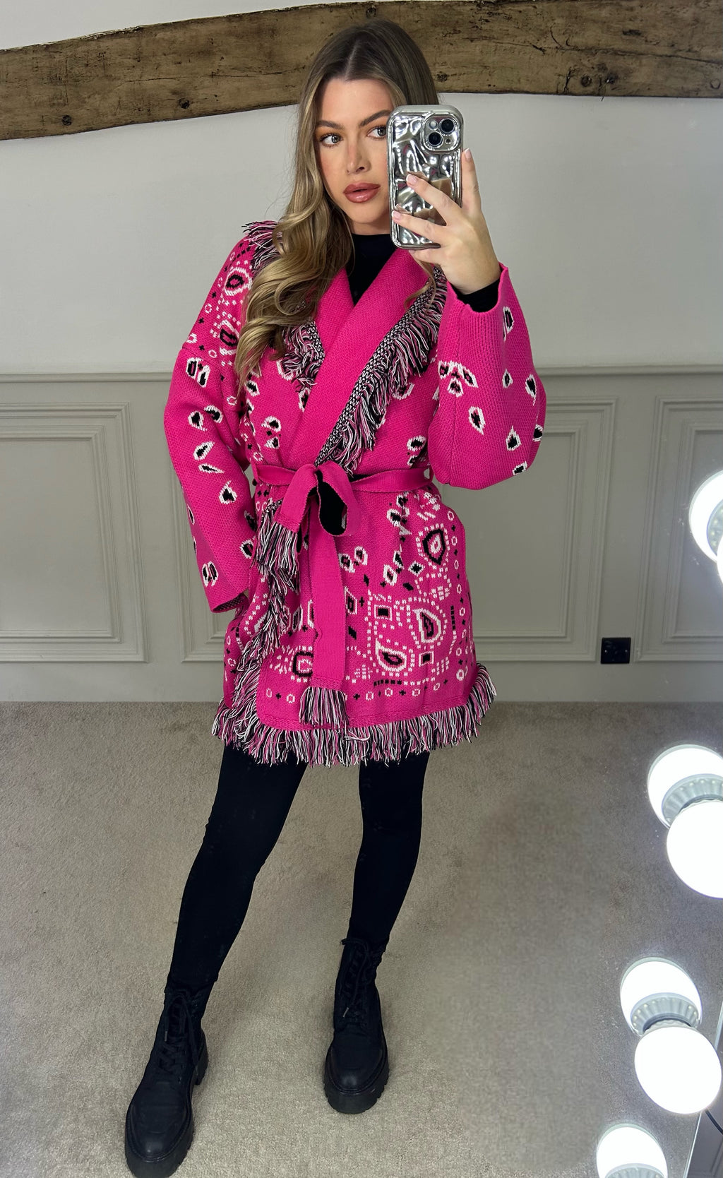 BANDANA Fuchsia Pink Wool Blend Cardigan with Fringe & Belt image 2
