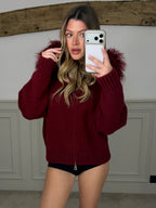 Mongolian Luxury Fur Burgundy Knit Hooded Cardigan Jacket image 3