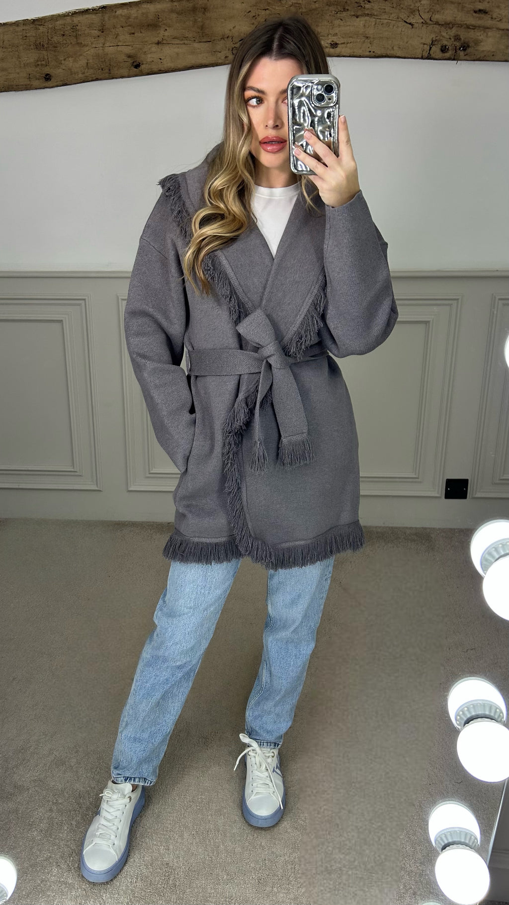 Grey Fringed Wrap Over Cardigan - LIMITED image 2