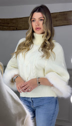 Polar Neck Cream Knitted Poncho Jumper with Faux Fur Cuffs  image 1