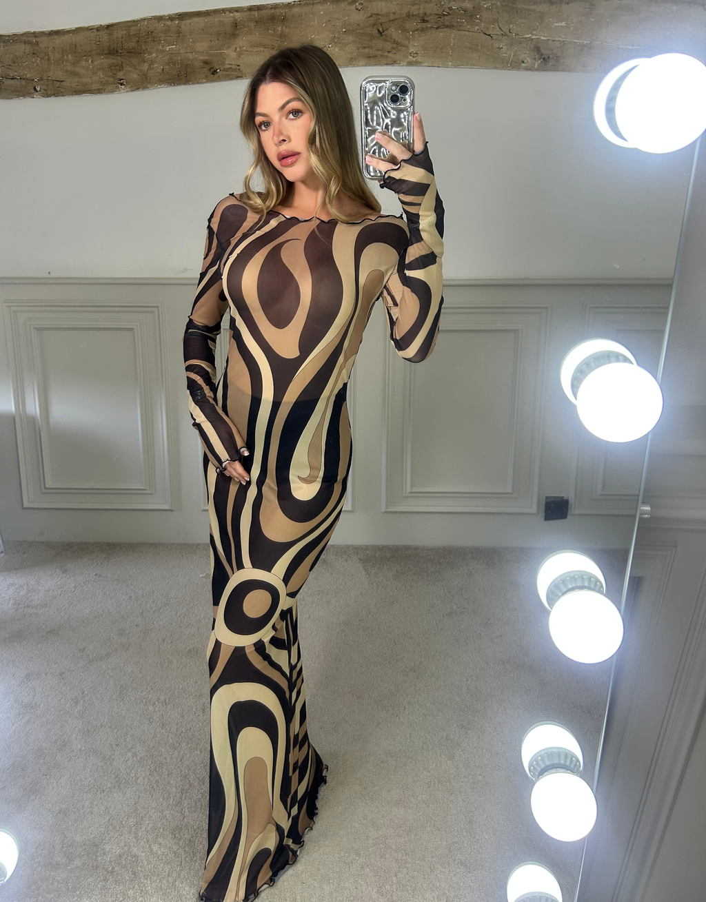 EMILIO Coffee Long Sleeve Mesh Dress image 4