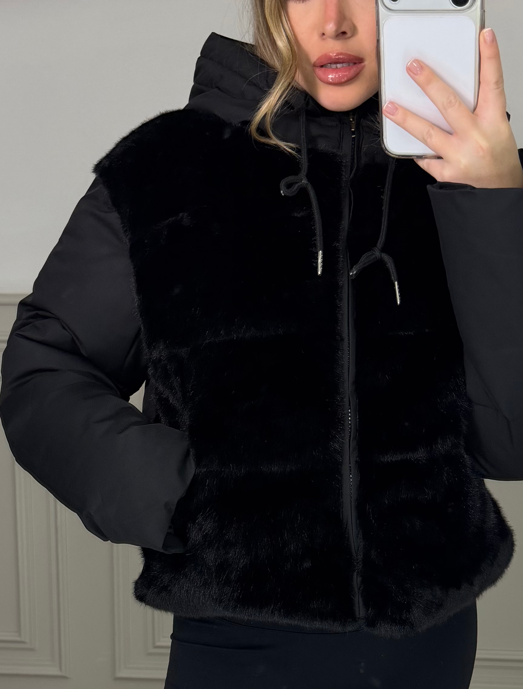 BLACK Faux Fur Gilet Coat with Hood  image 3