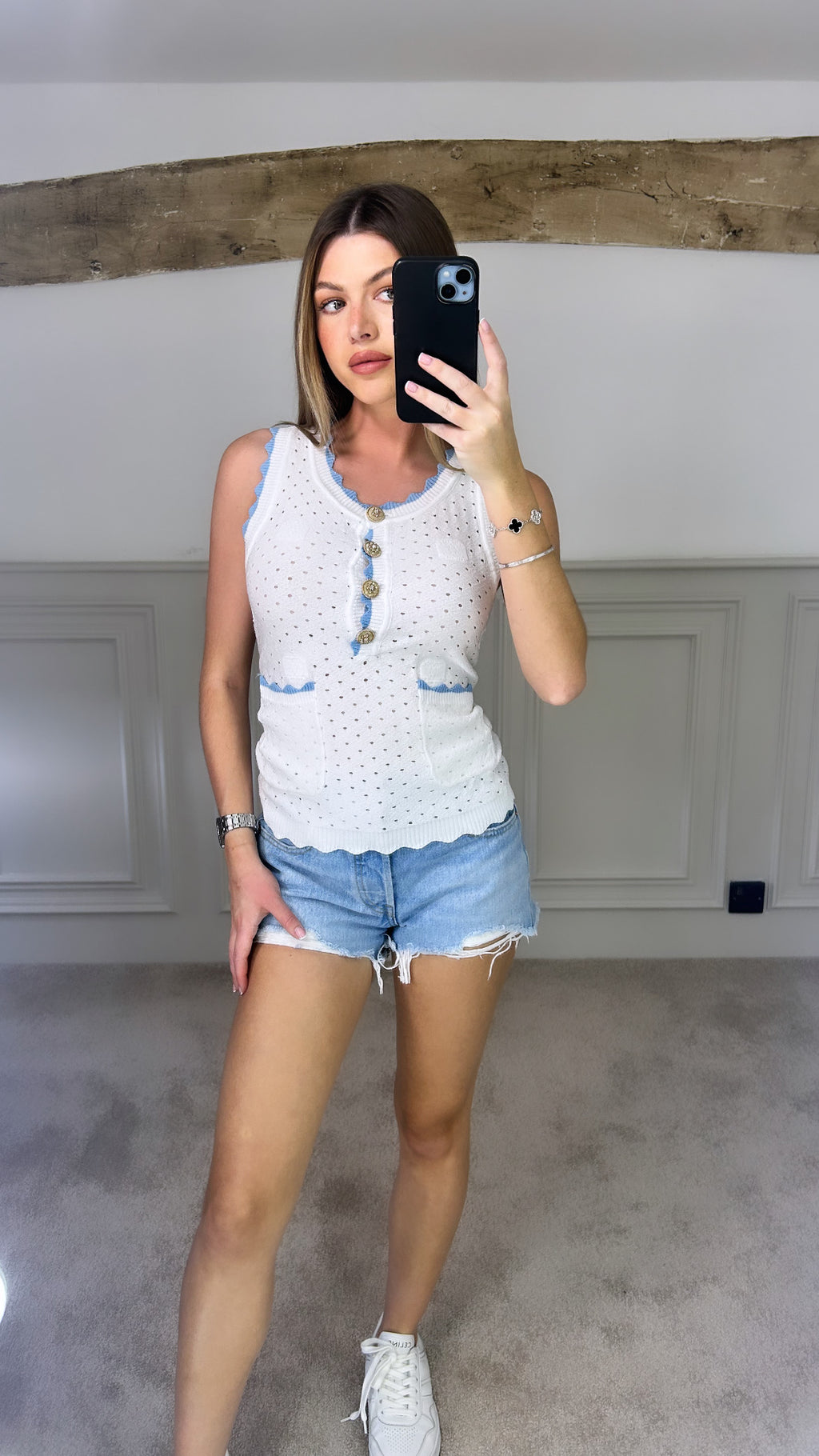 CC Gold Button White & Blue Vest Top  image 0
