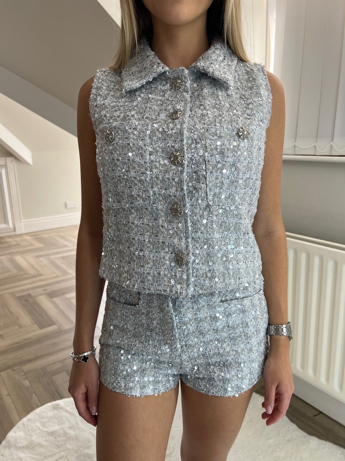  CC Sequin Silver Tweed Short & Waistcoat Set image 1