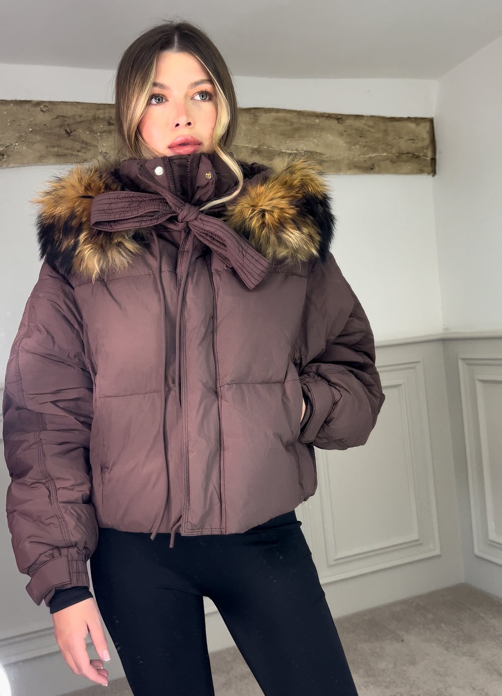 Brown Fox Fur Coat with Bow Tie image 6