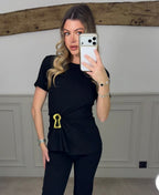 PIRELLI black t-shirt with gold keyhole detail